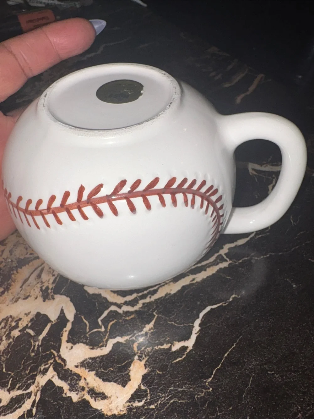 Russ Ceramic Baseball Mug - White with Red Stitching